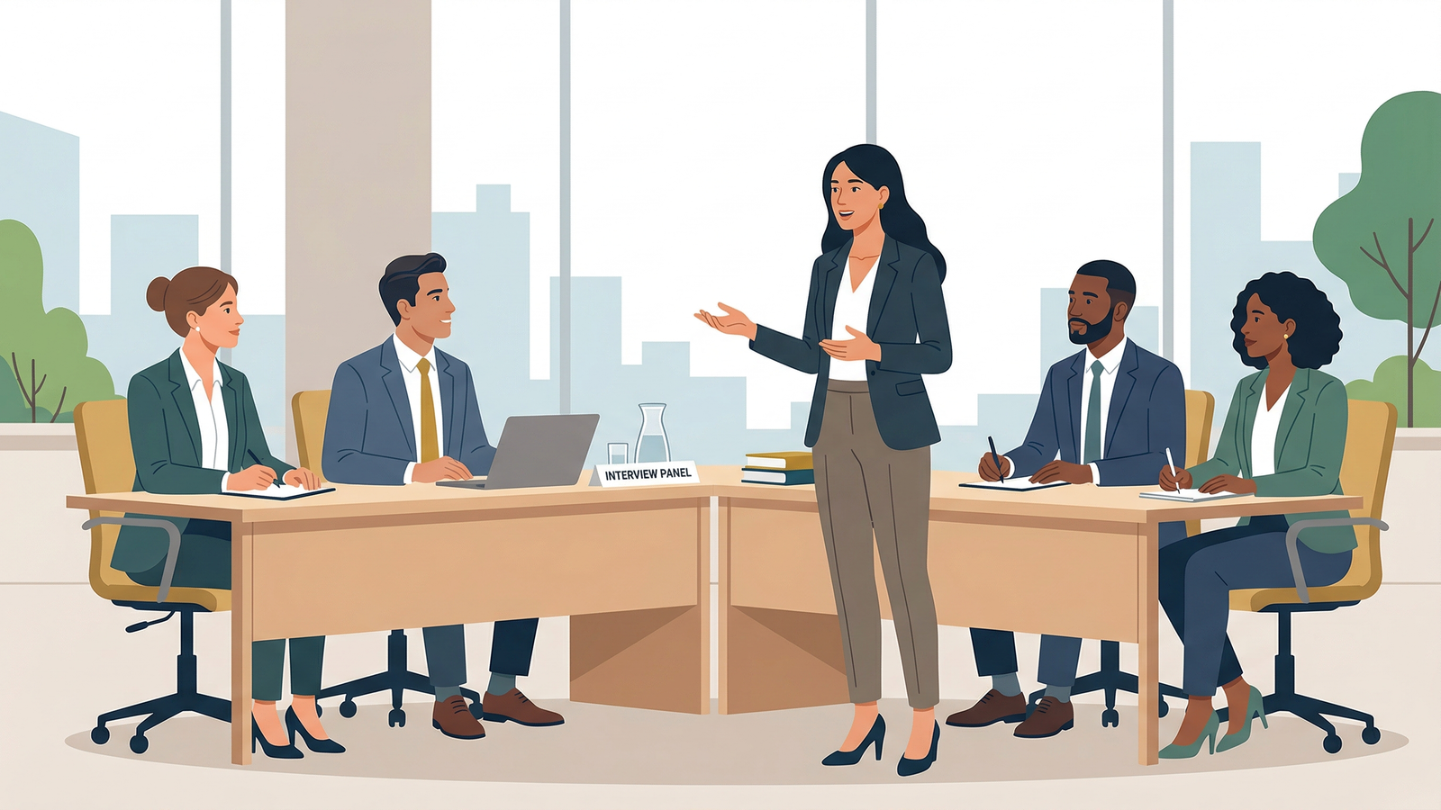 A confident candidate speaking to an MBA interview panel in a modern office