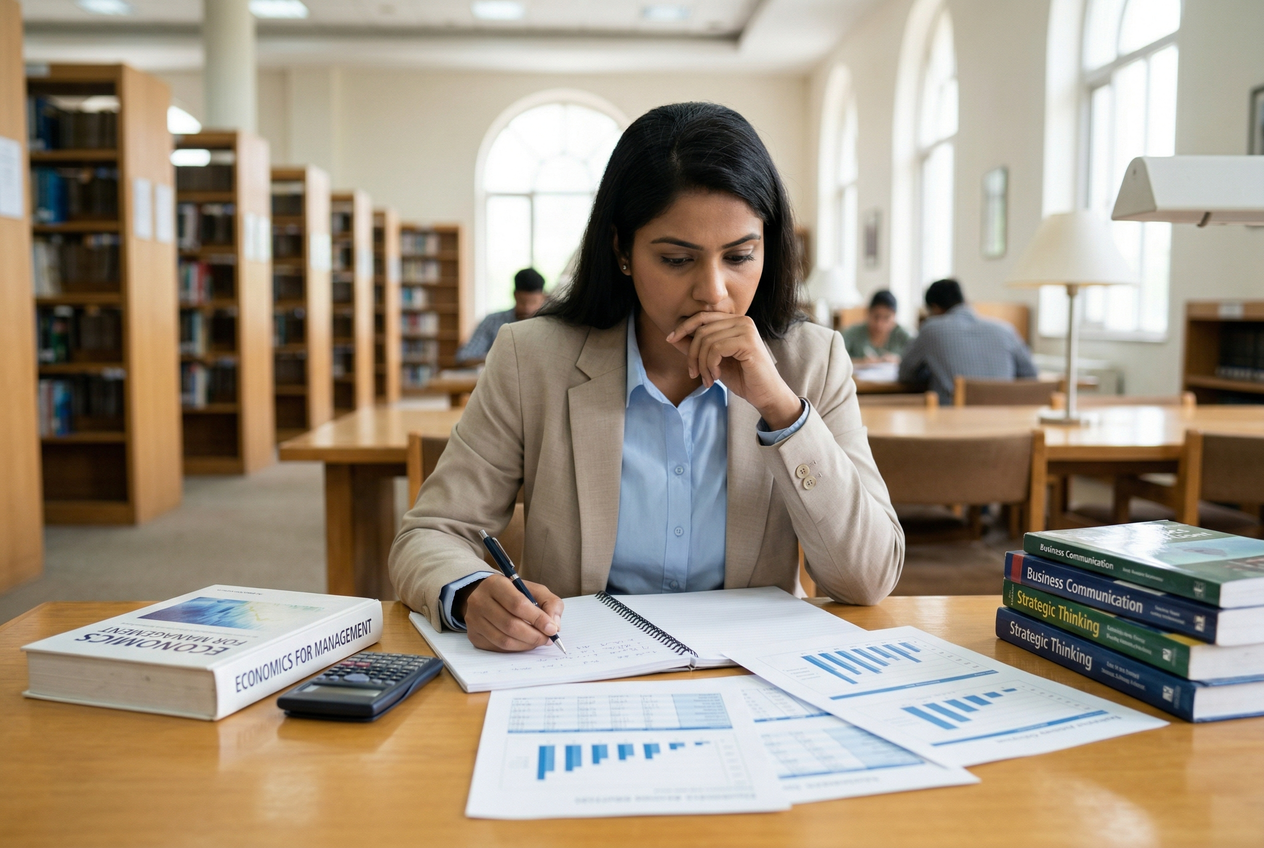 A non-engineering student reviewing quantitative data in a library