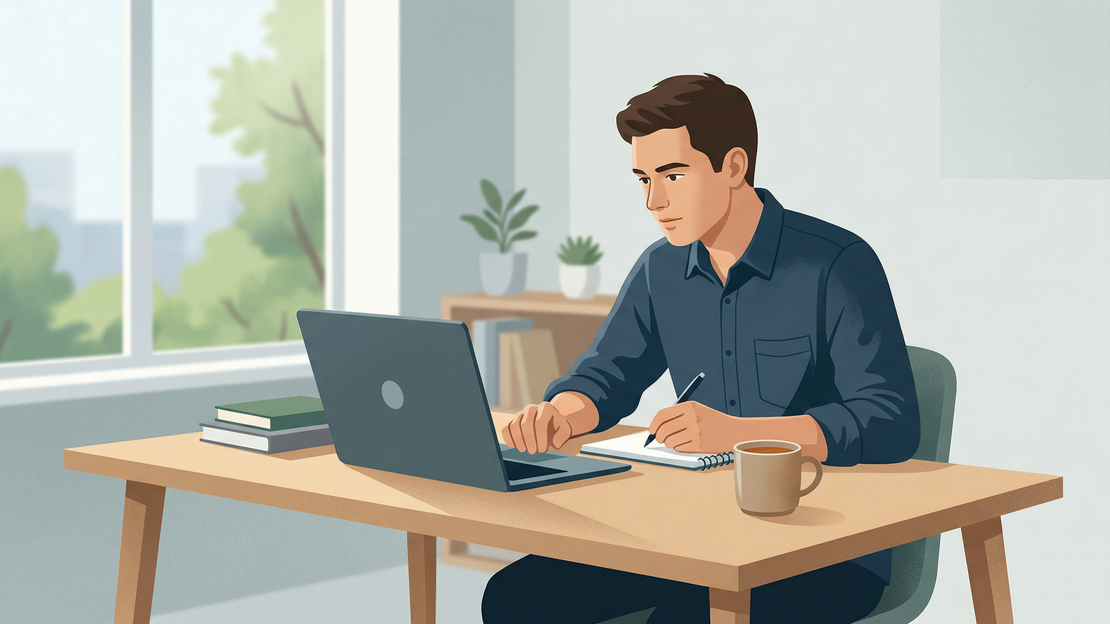 A student preparing for an MBA interview at a desk with a laptop