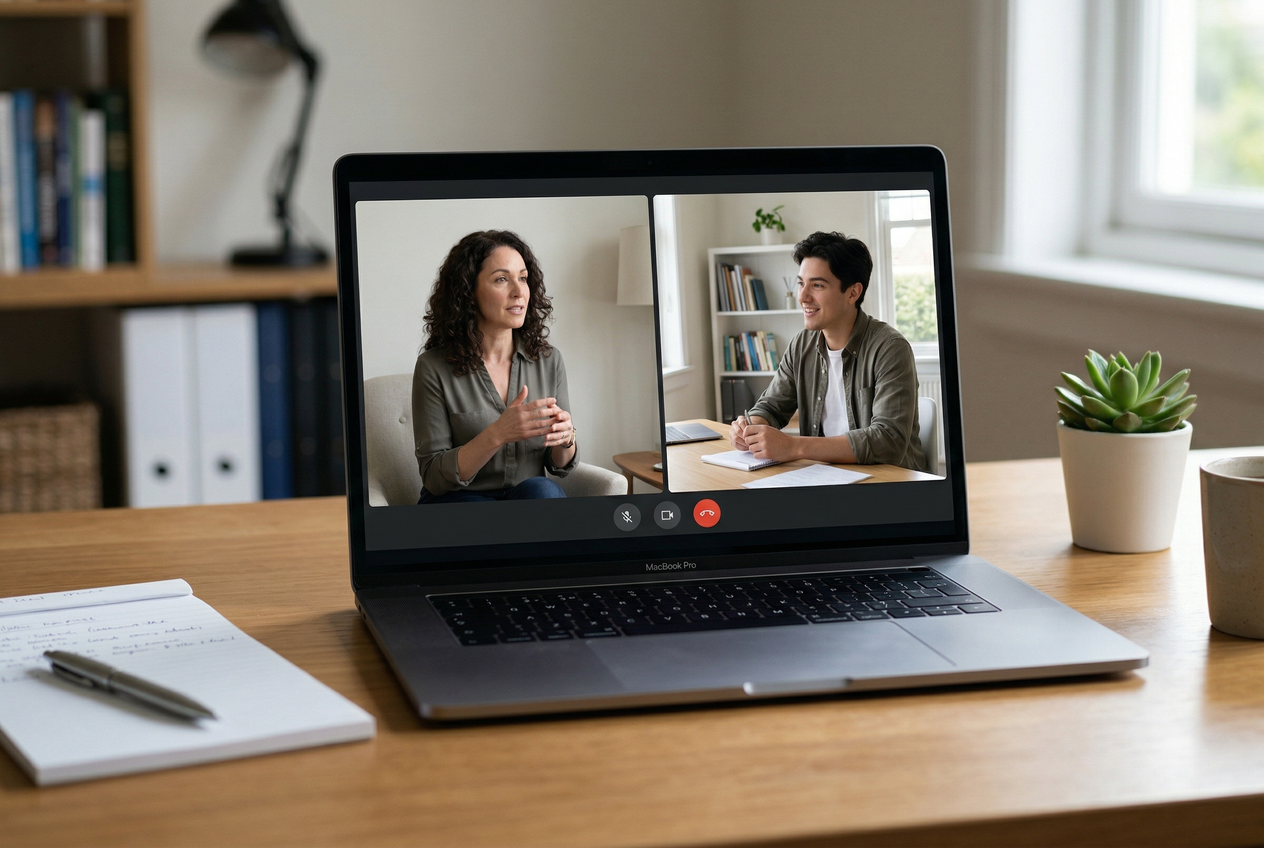 A laptop screen showing a one-on-one video call between a mentor and a student