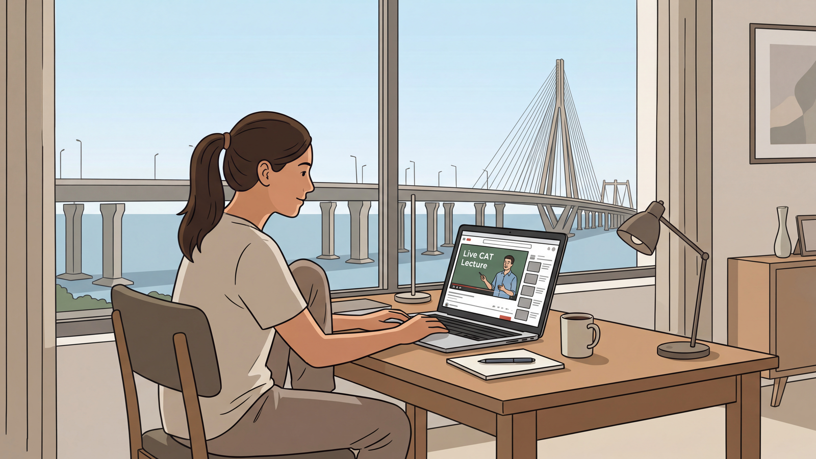 A modern home study setup in a Mumbai apartment with a laptop showing a CAT lecture and the Bandra-Worli Sea Link visible through the window.