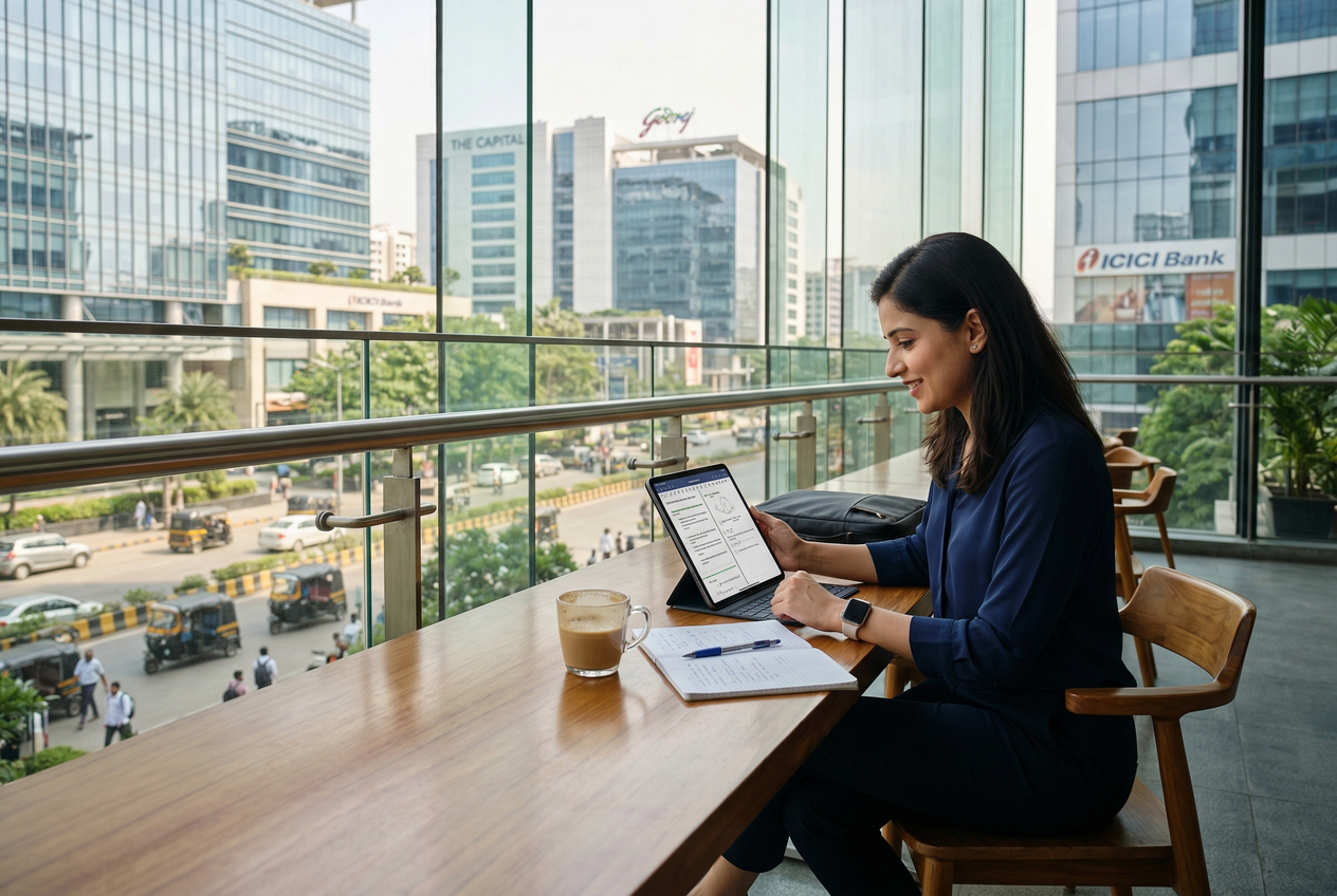 A professional working in the Bandra-Kurla Complex using a tablet to study during a break.