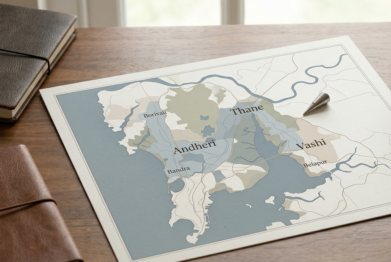 A stylized map of the Mumbai Metropolitan Region highlighting major suburbs like Thane, Vashi, and Andheri.