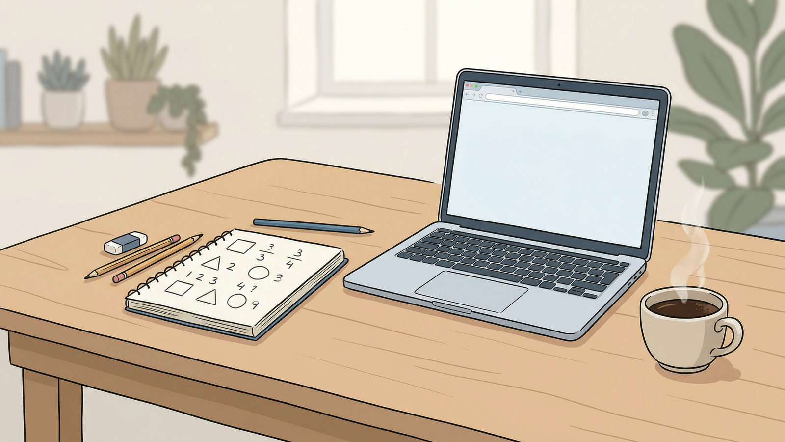 A study desk with an open notebook showing simple math shapes, a laptop, and a coffee cup.