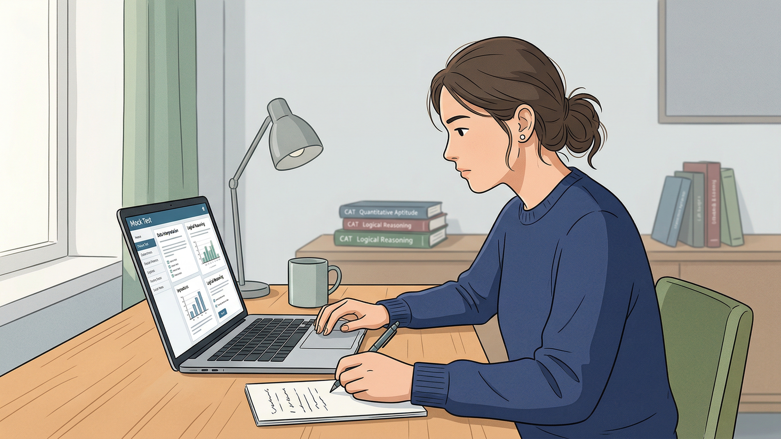 A focused student taking a practice test on a laptop in a quiet study room