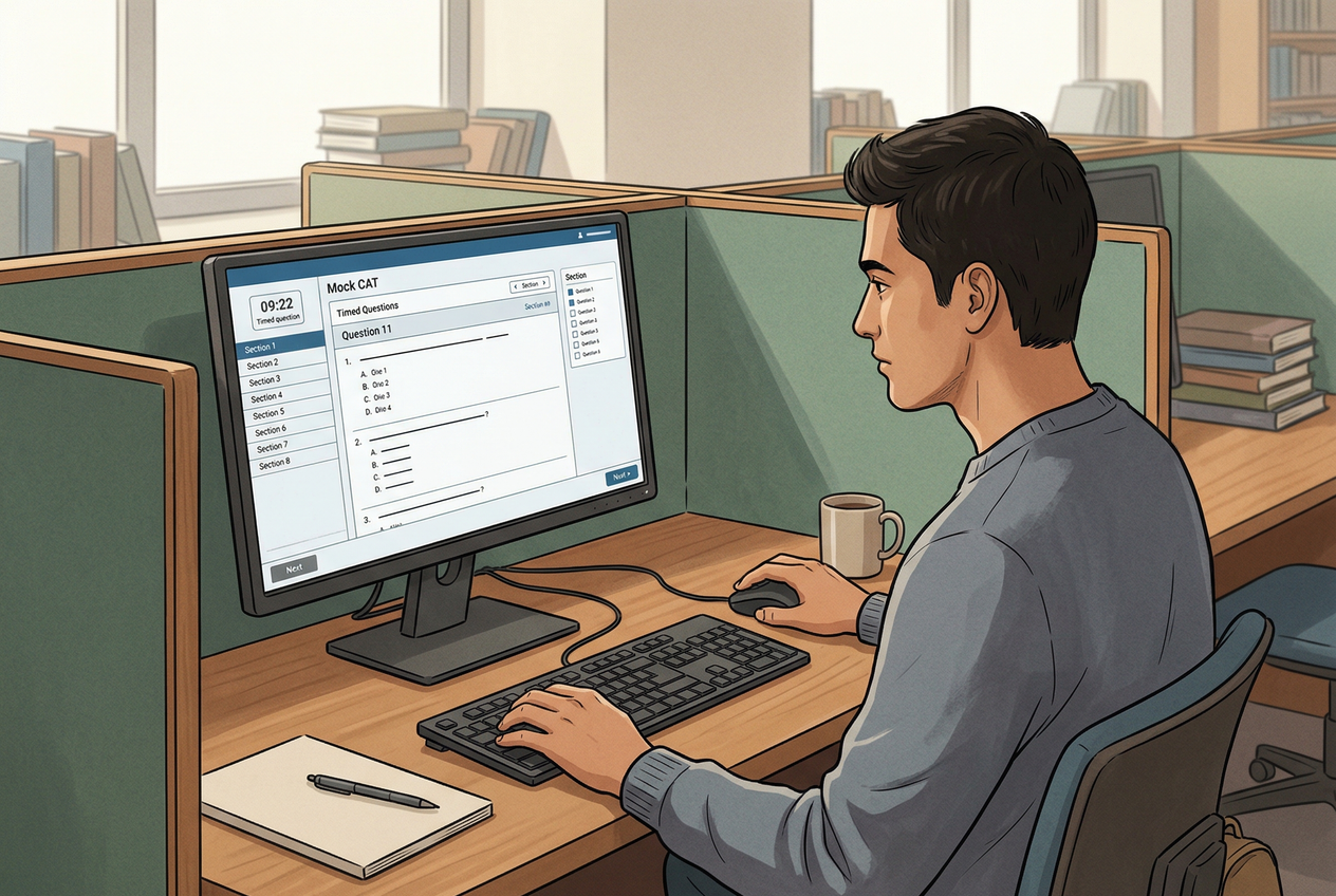 A person sitting at a desktop computer with a wired mouse and keyboard in a quiet library cubicle