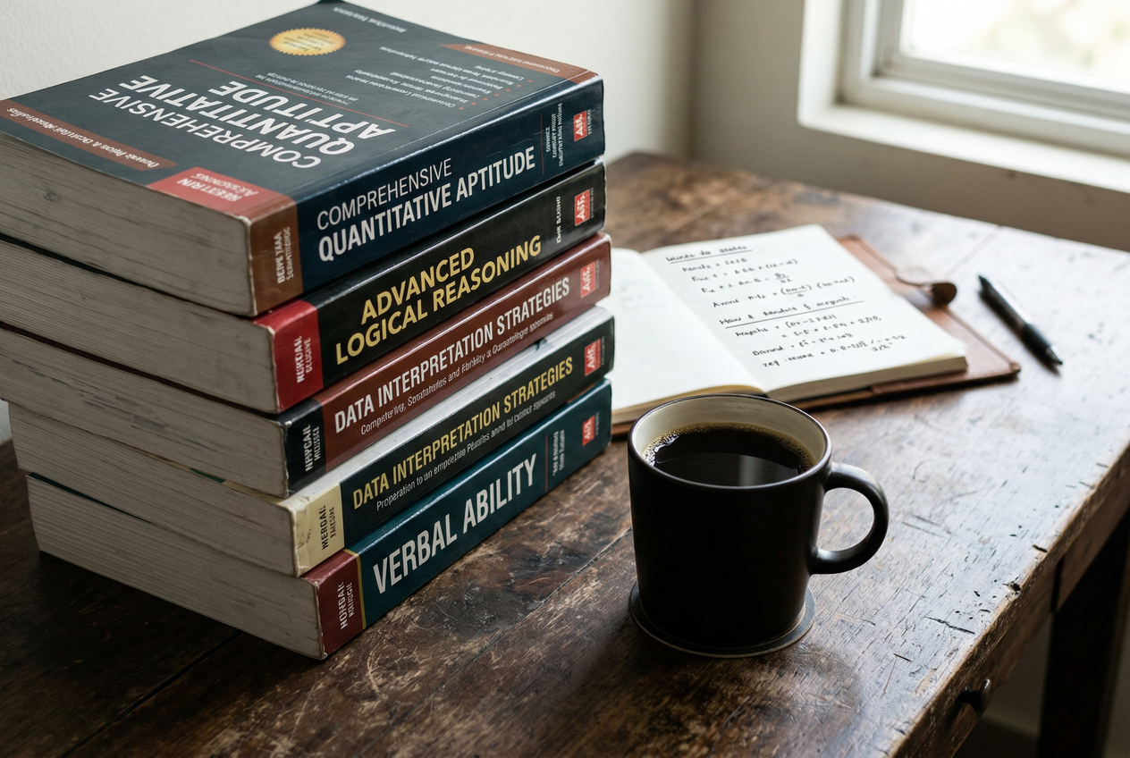 A stack of thick textbooks and a cup of black coffee on a wooden desk